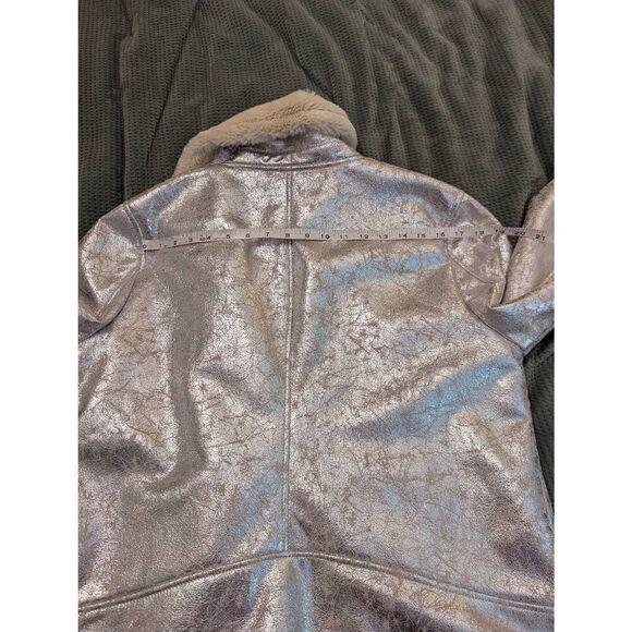 NWOT TOMMY HILFIGER Distressed Silver Metallic Shearling Motorcycle Jacket XL - Picture 3 of 7